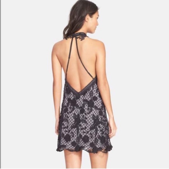 Free people black snow drop lace embroidered trapeze back halter dress - Picture 3 of 7